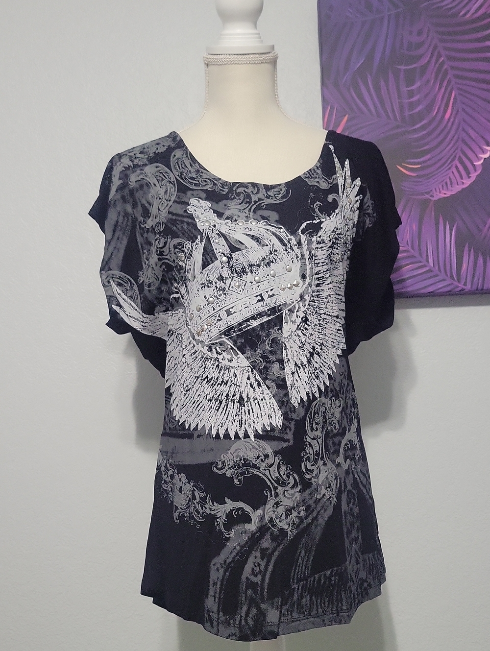 Rock & Republic Black Tunic with White Crown & Wing Graphic